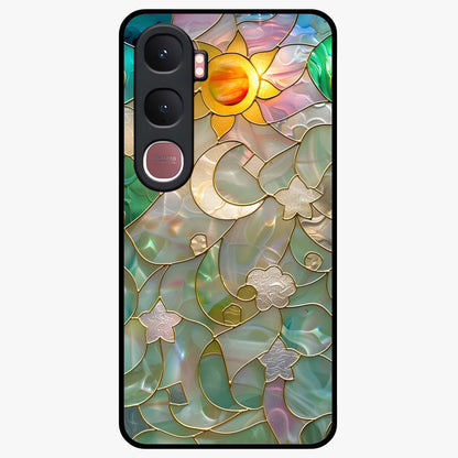 Stained Sunrise Glow Glass Case showing flat back view with glowing sunrise stained pattern artwork and glossy glass finish.