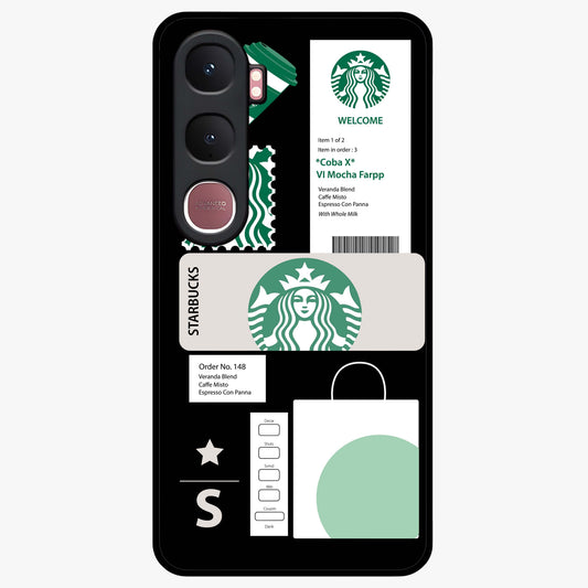 Starbucks Mocha Glass Case showing flat back view with coffee inspired artwork and glossy glass finish.
