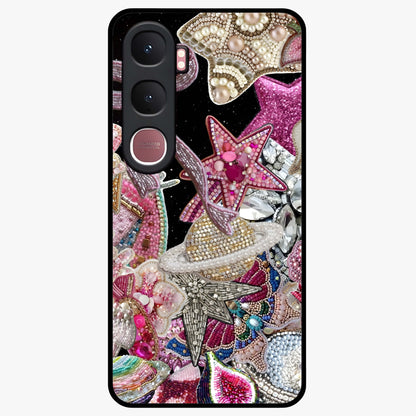 Starlit Jewel Dream Glass Case showing flat back view with sparkling jewel and star themed artwork and glossy glass finish.