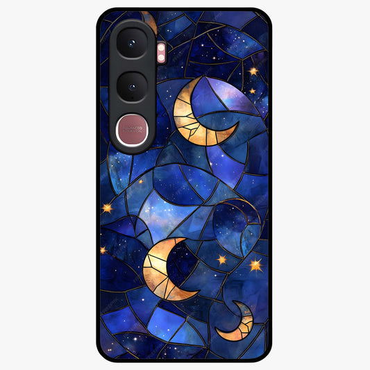Starlit Sky Tapestry Glass Case showing flat back view with decorative starry sky tapestry artwork and glossy glass finish.