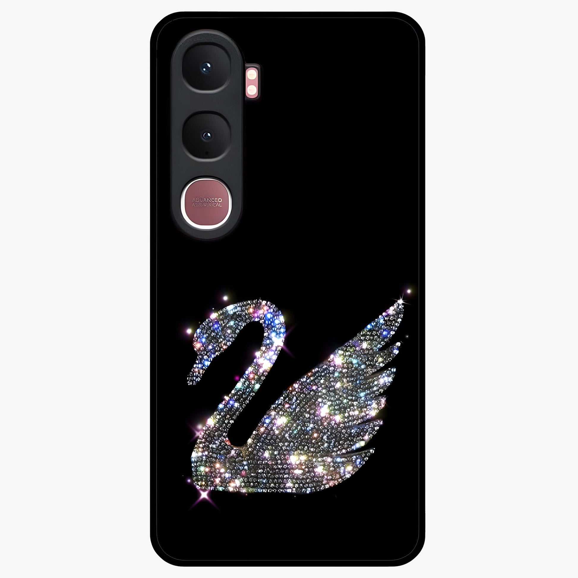 Starlit Swan Grace Glass Case showing flat back view with graceful swan artwork under starry sky and glossy glass finish.