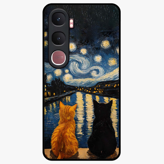 Starry River Cats Glass Case showing flat back view with cats by a starry river artwork and glossy glass finish.