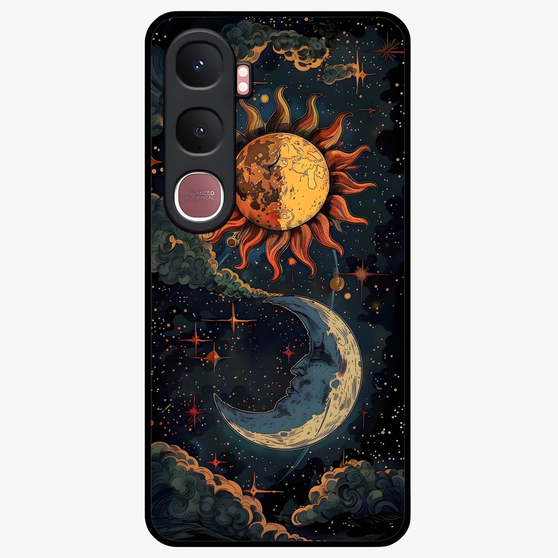 Sun And Moon Magic Design Glass Case showing flat back view with mystical sun and moon artwork and glossy glass finish.