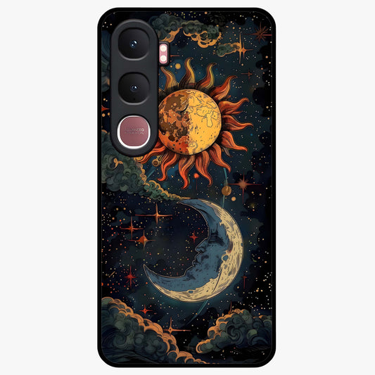 Sun And Moon Magic Design Glass Case showing flat back view with mystical sun and moon artwork and glossy glass finish.