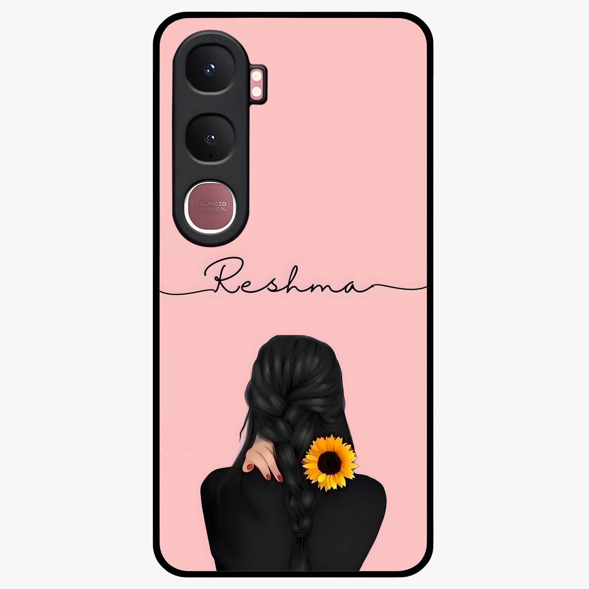 Sunflower Braid Beauty With Custom Name Glass Case showing flat back view with sunflower braid artwork and personalized name design.