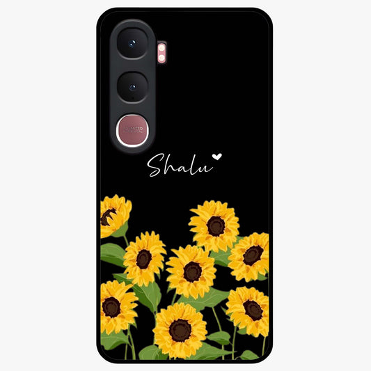 Sunflower Chic Mood Custom Name Glass Case showing flat back view with stylish sunflower artwork and personalized name design.