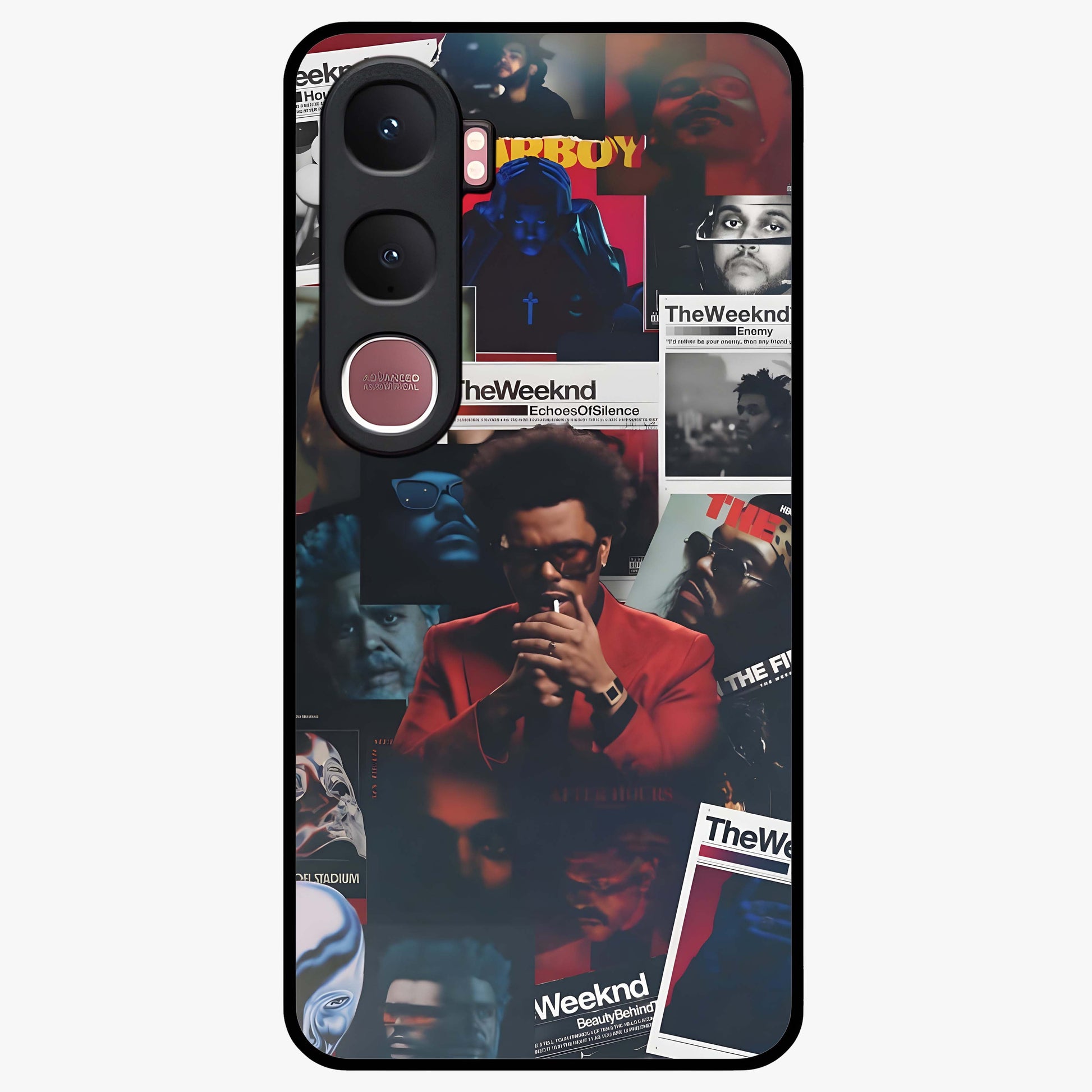 The Weeknd Glass Case showing flat back view with music inspired artistic portrait artwork and glossy glass finish.