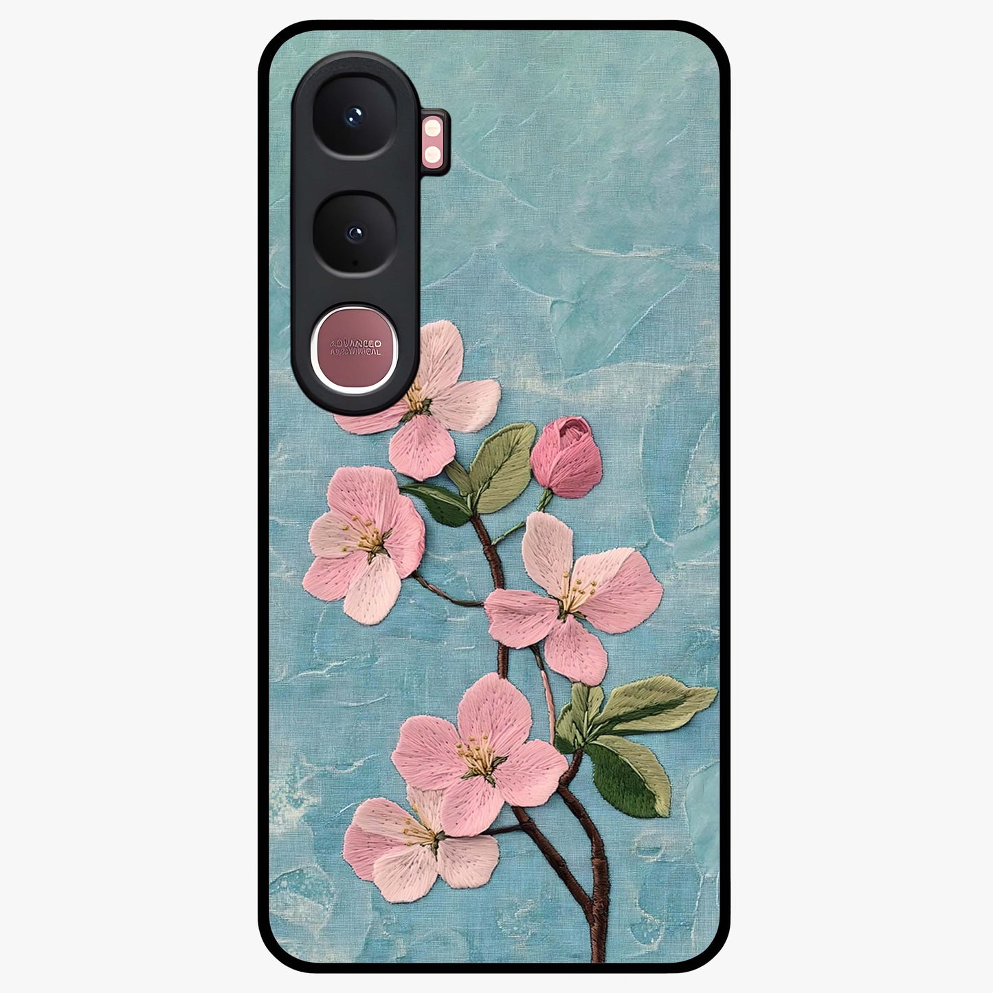 Threaded Blossom Breeze Glass Case showing flat back view with delicate blossom artwork and glossy glass finish.