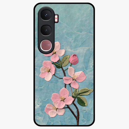 Threaded Blossom Breeze Glass Case showing flat back view with delicate blossom artwork and glossy glass finish.