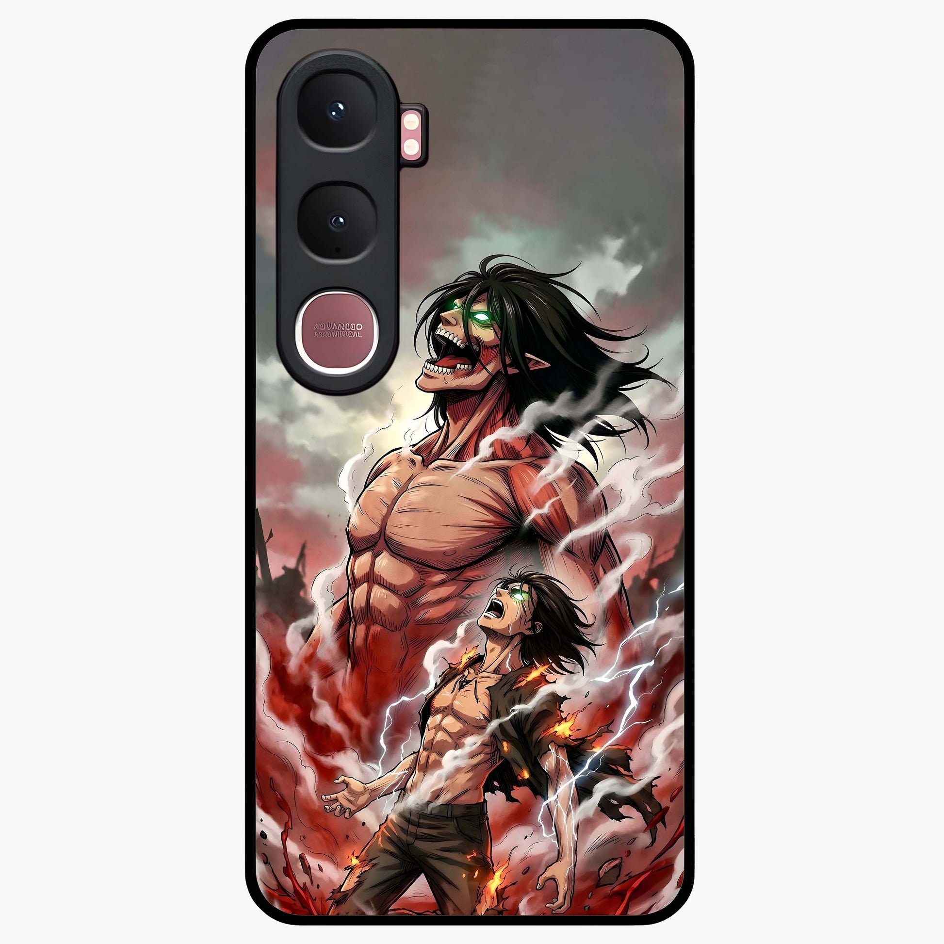 Titan Awakening Fury Glass Case showing flat back view with powerful titan inspired artwork and glossy glass finish.