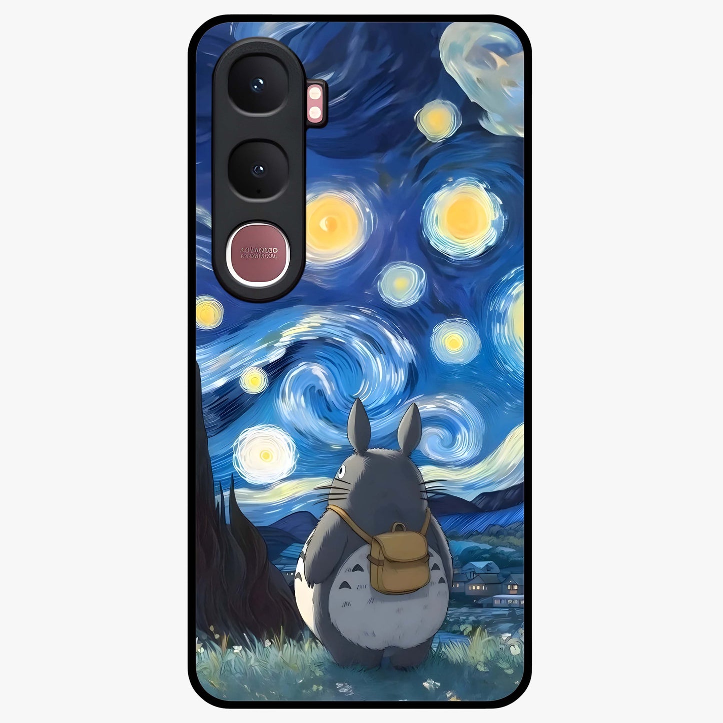 Totoro In Van Gogh Art Glass Case showing flat back view with whimsical character artwork inspired by Van Gogh style and glossy glass finish.
