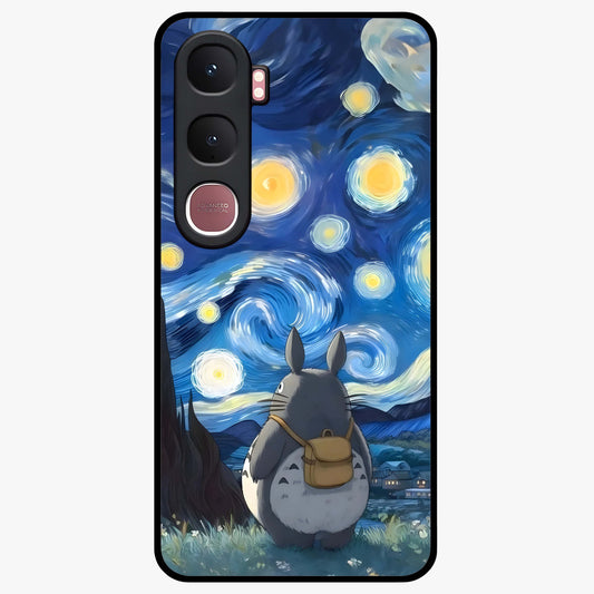 Totoro In Van Gogh Art Glass Case showing flat back view with whimsical character artwork inspired by Van Gogh style and glossy glass finish.
