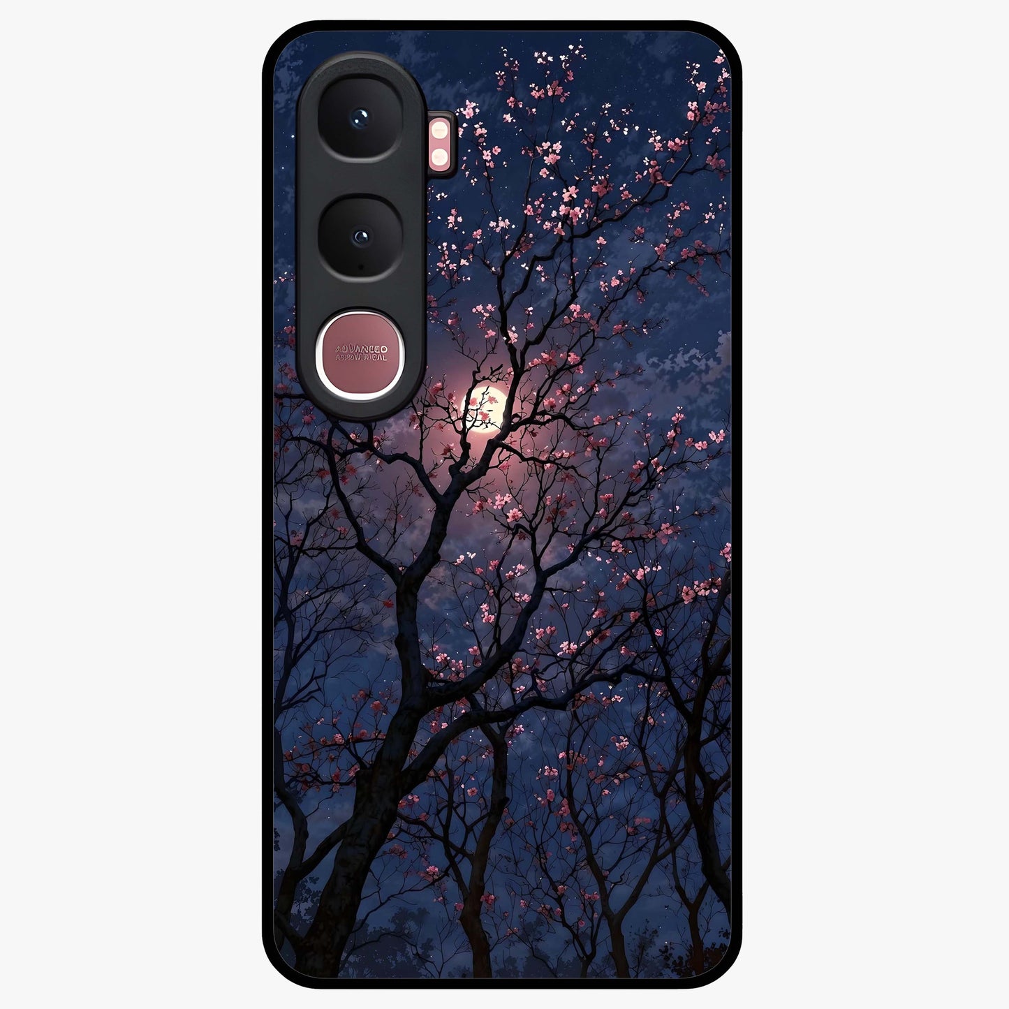 Twilight Sakura Serenade Glass Case showing flat back view with cherry blossom artwork at twilight and glossy glass finish.