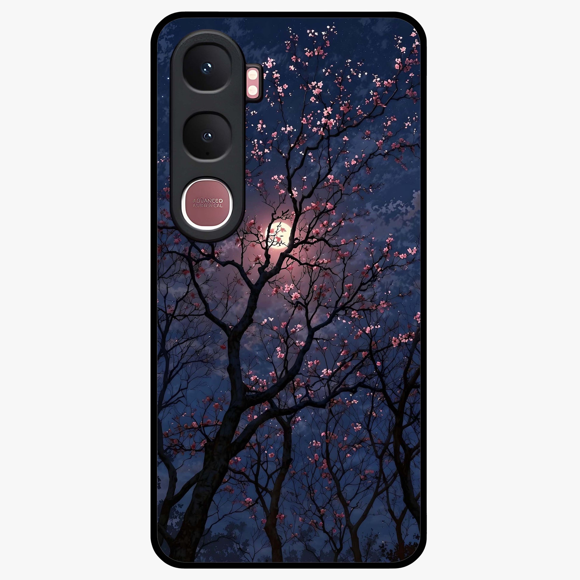 Twilight Sakura Serenade Glass Case showing flat back view with cherry blossom artwork at twilight and glossy glass finish.