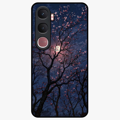 Twilight Sakura Serenade Glass Case showing flat back view with cherry blossom artwork at twilight and glossy glass finish.