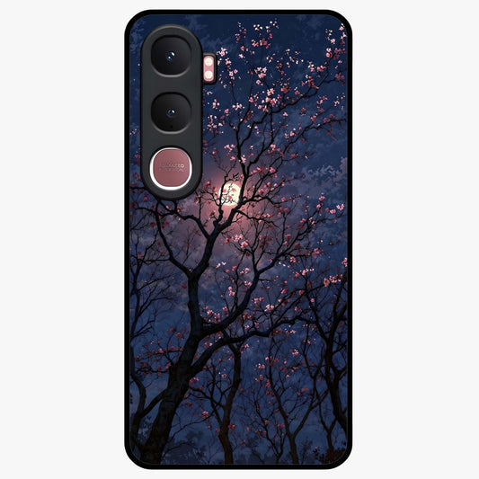Twilight Sakura Serenade Glass Case showing flat back view with cherry blossom artwork at twilight and glossy glass finish.