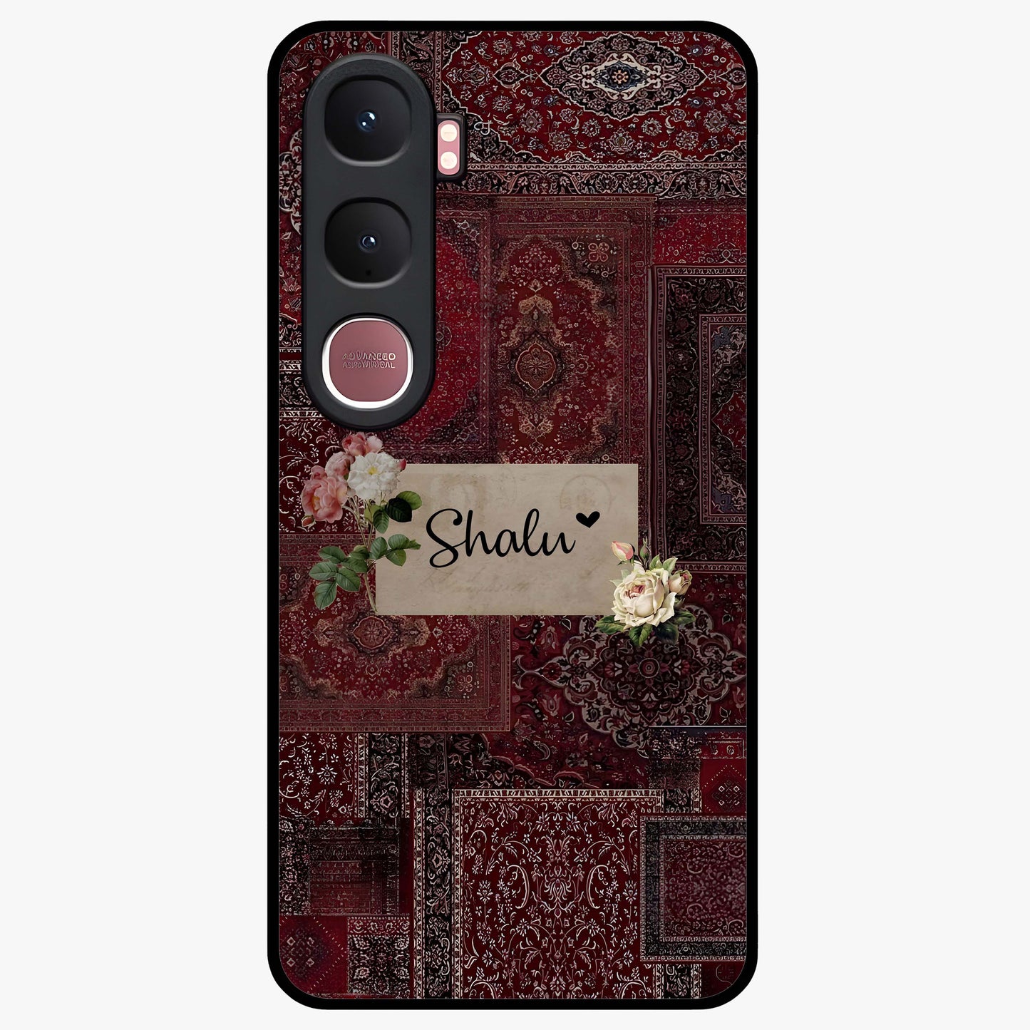 Velvet Wine Pattern Custom Name Glass Case showing flat back view with elegant wine colored pattern artwork and personalized name design.