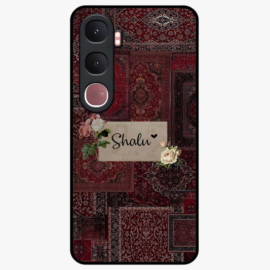 Velvet Wine Pattern Custom Name Glass Case showing flat back view with elegant wine colored pattern artwork and personalized name design.