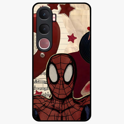 Web Warrior Vibes Glass Case showing flat back view with superhero inspired web themed artwork and glossy glass finish.