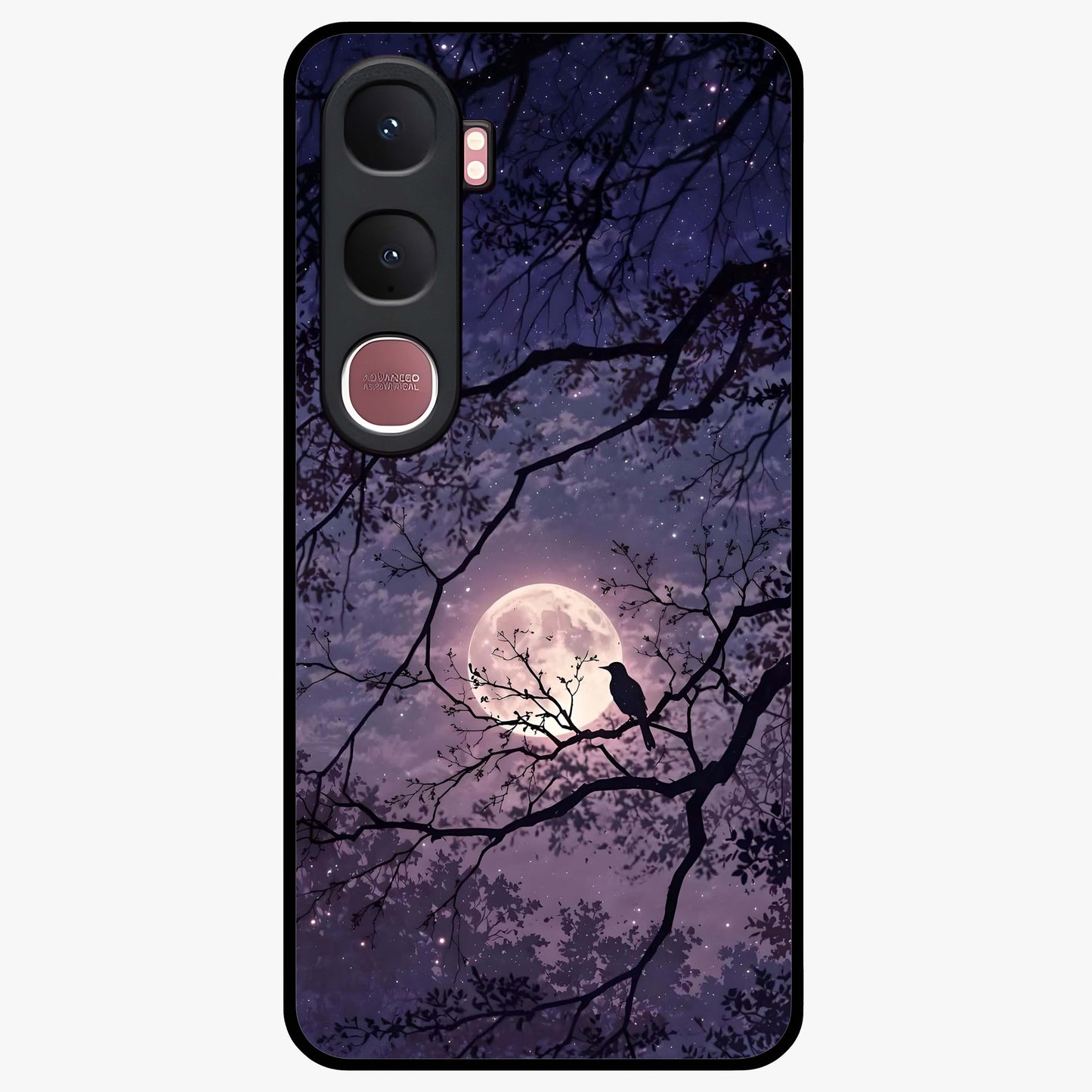 Whispering Moon Silence Glass Case showing flat back view with serene moon themed artwork and glossy glass finish.