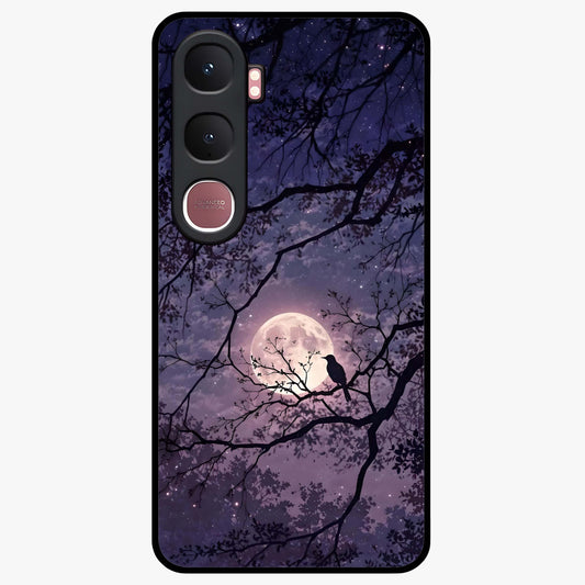 Whispering Moon Silence Glass Case showing flat back view with serene moon themed artwork and glossy glass finish.