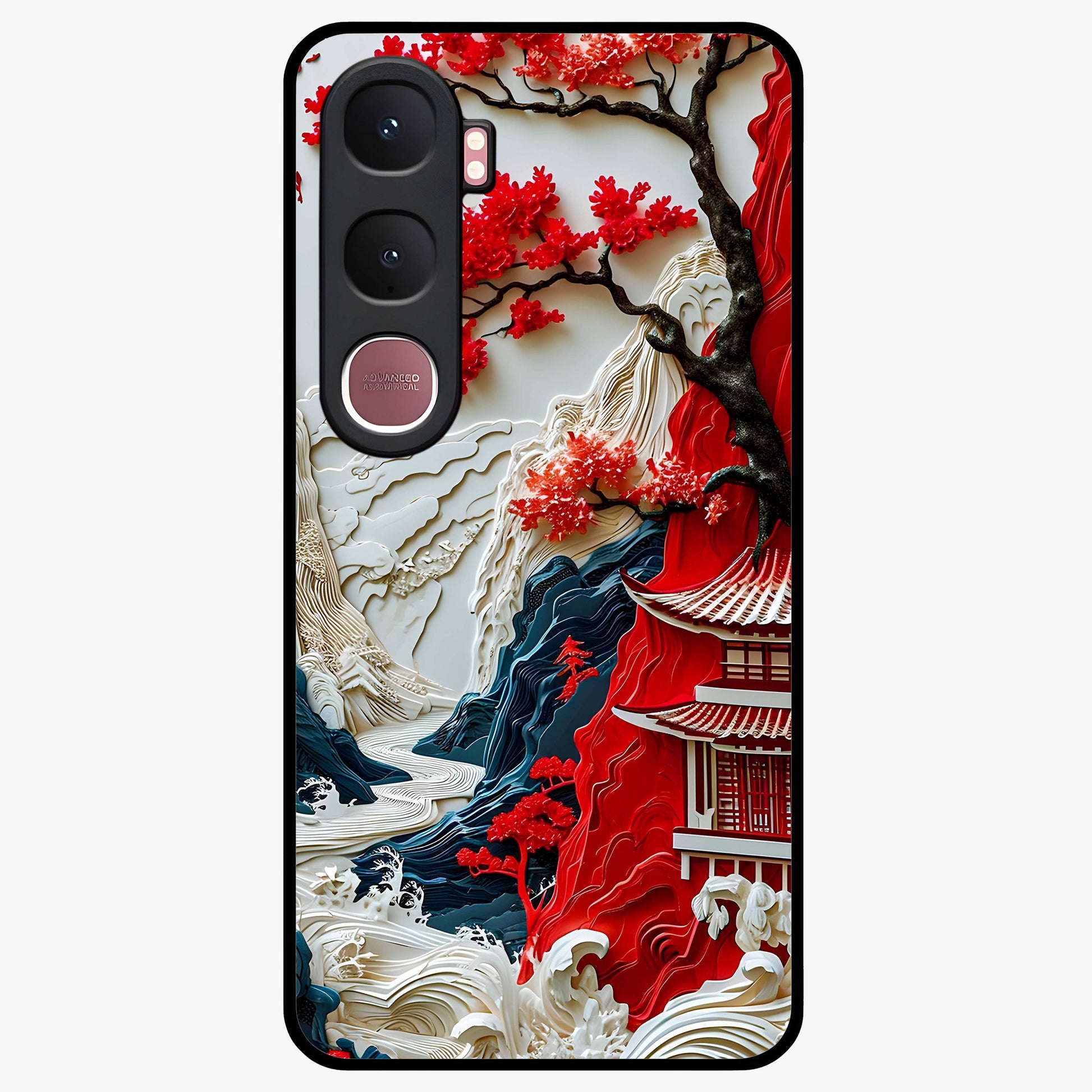 Whispers Of Sakura Waves Glass Case showing flat back view with cherry blossom wave artwork and glossy glass finish.