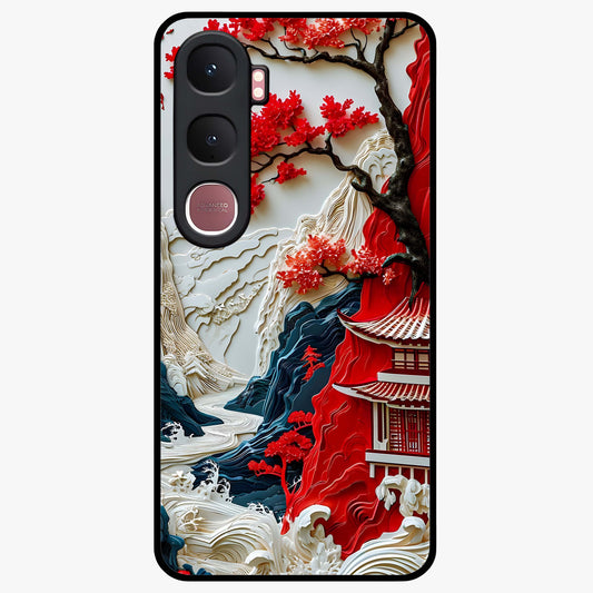 Whispers Of Sakura Waves Glass Case showing flat back view with cherry blossom wave artwork and glossy glass finish.
