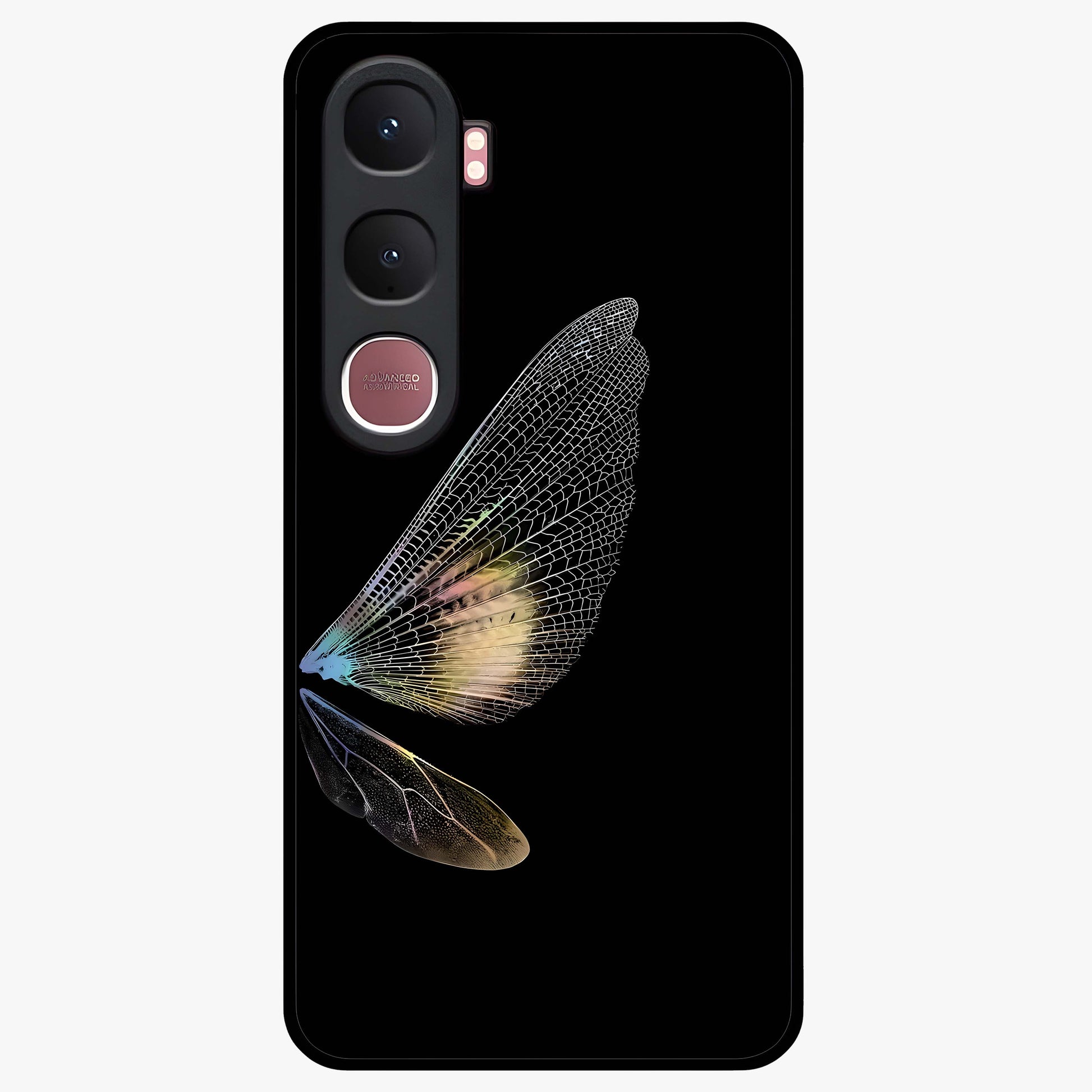 Whispers Of Wings Glass Case showing flat back view with graceful wing inspired artwork and glossy glass finish.