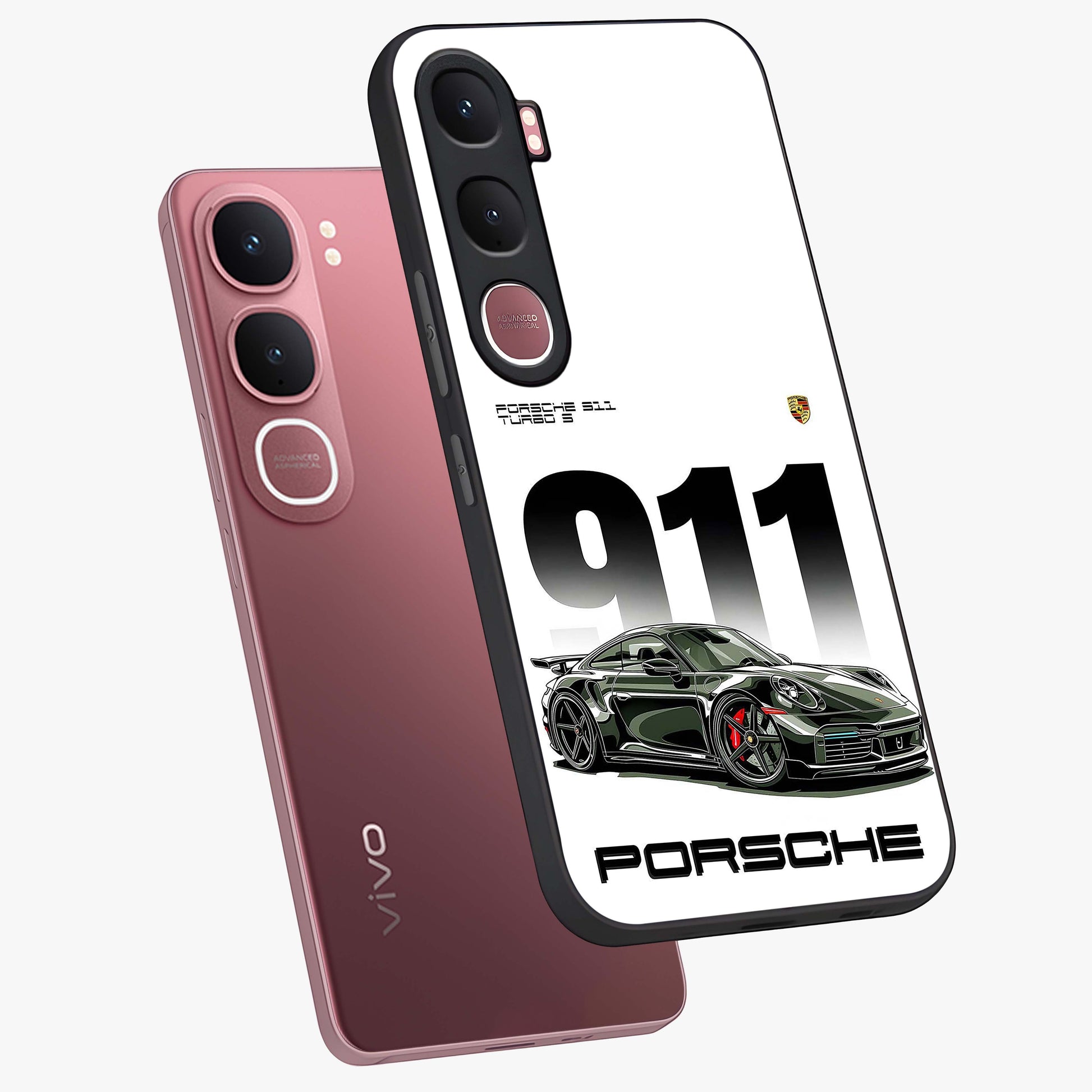 911 Turbo Dominance Glass Case displayed in premium angled mockup highlighting sporty car illustration and sleek glass surface.