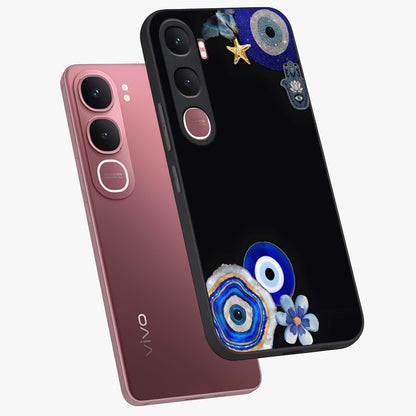 Aesthetic Blue Evil Eye Glass Case displayed in angled mockup highlighting blue evil eye symbol and spiritual aesthetic design.
