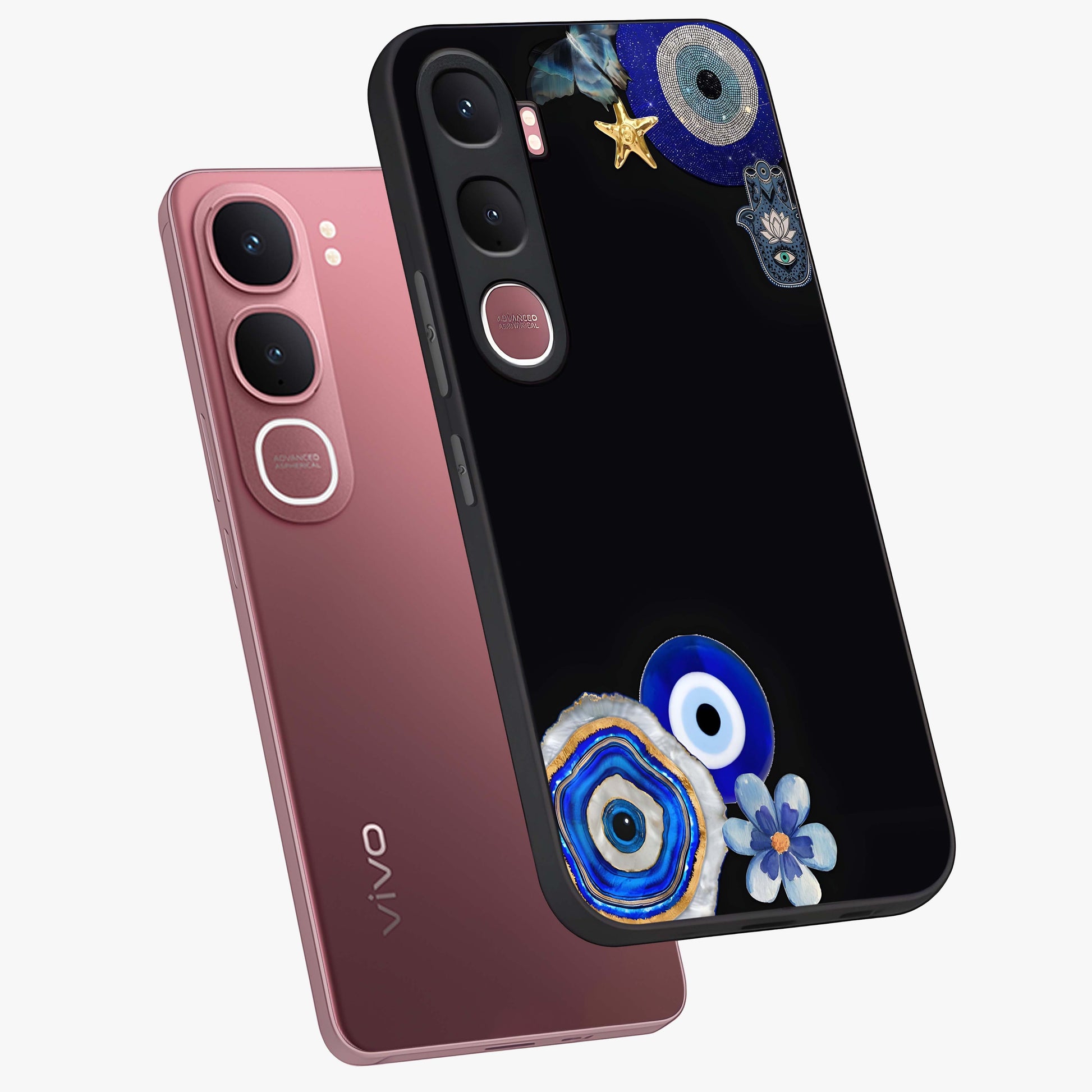 Aesthetic Blue Evil Eye Glass Case displayed in angled mockup highlighting blue evil eye symbol and spiritual aesthetic design.