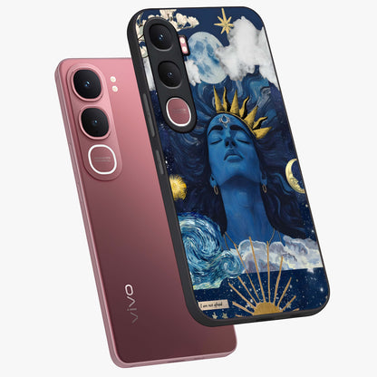 Aesthetic Lord Shiva Glass Case displayed in angled mockup highlighting spiritual Shiva illustration and sacred aesthetic design.