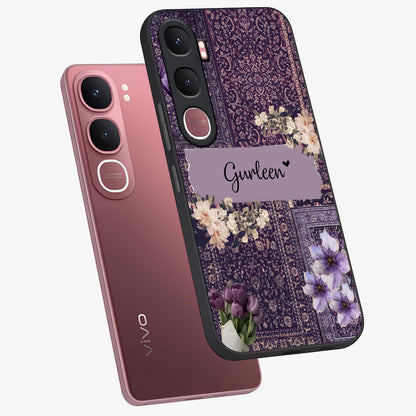 Antique Floral Whisper Custom Name Glass Case displayed in angled mockup highlighting elegant antique floral aesthetic.