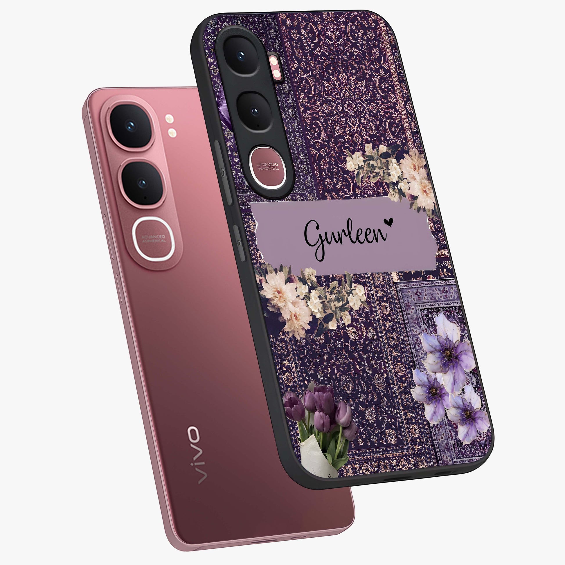 Antique Floral Whisper Custom Name Glass Case displayed in angled mockup highlighting elegant antique floral aesthetic.