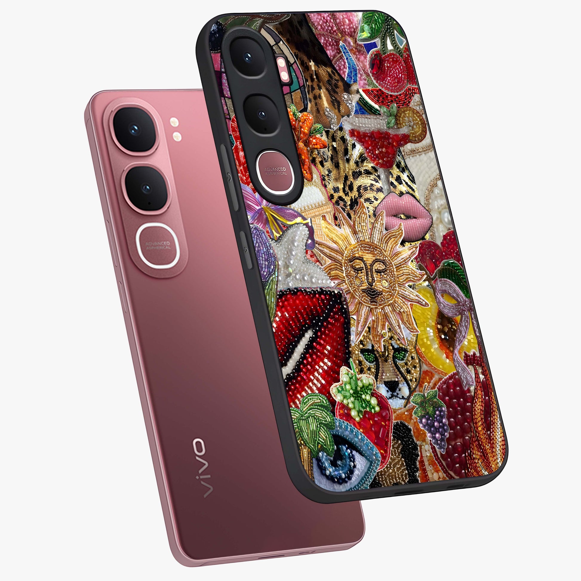 Beaded Fashion Jungle Glass Case displayed in angled mockup highlighting colorful fashion bead design and artistic pattern.