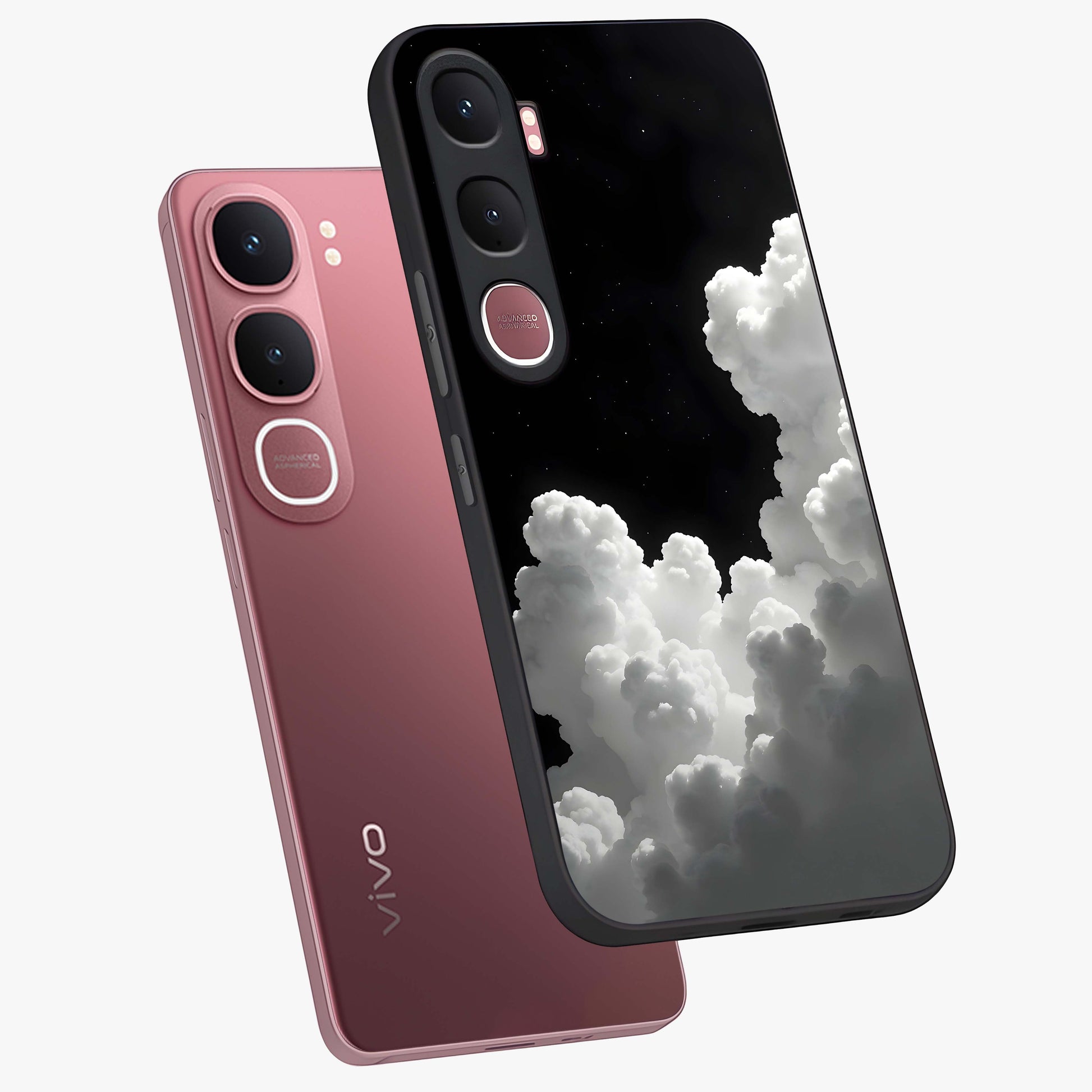 Black Background With White Cloud Glass Case displayed in angled mockup highlighting soft white cloud illustration and minimal design.