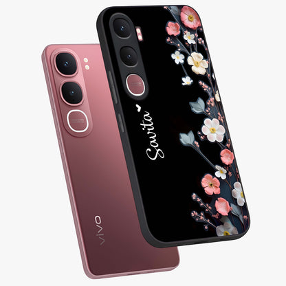 Black Elegance Floral Custom Name Glass Case displayed in angled mockup highlighting dark floral aesthetic and custom name feature.
