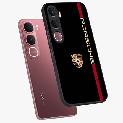 Black Minimal Porsche Glass Case displayed in angled mockup highlighting modern minimal car illustration and clean aesthetic design.