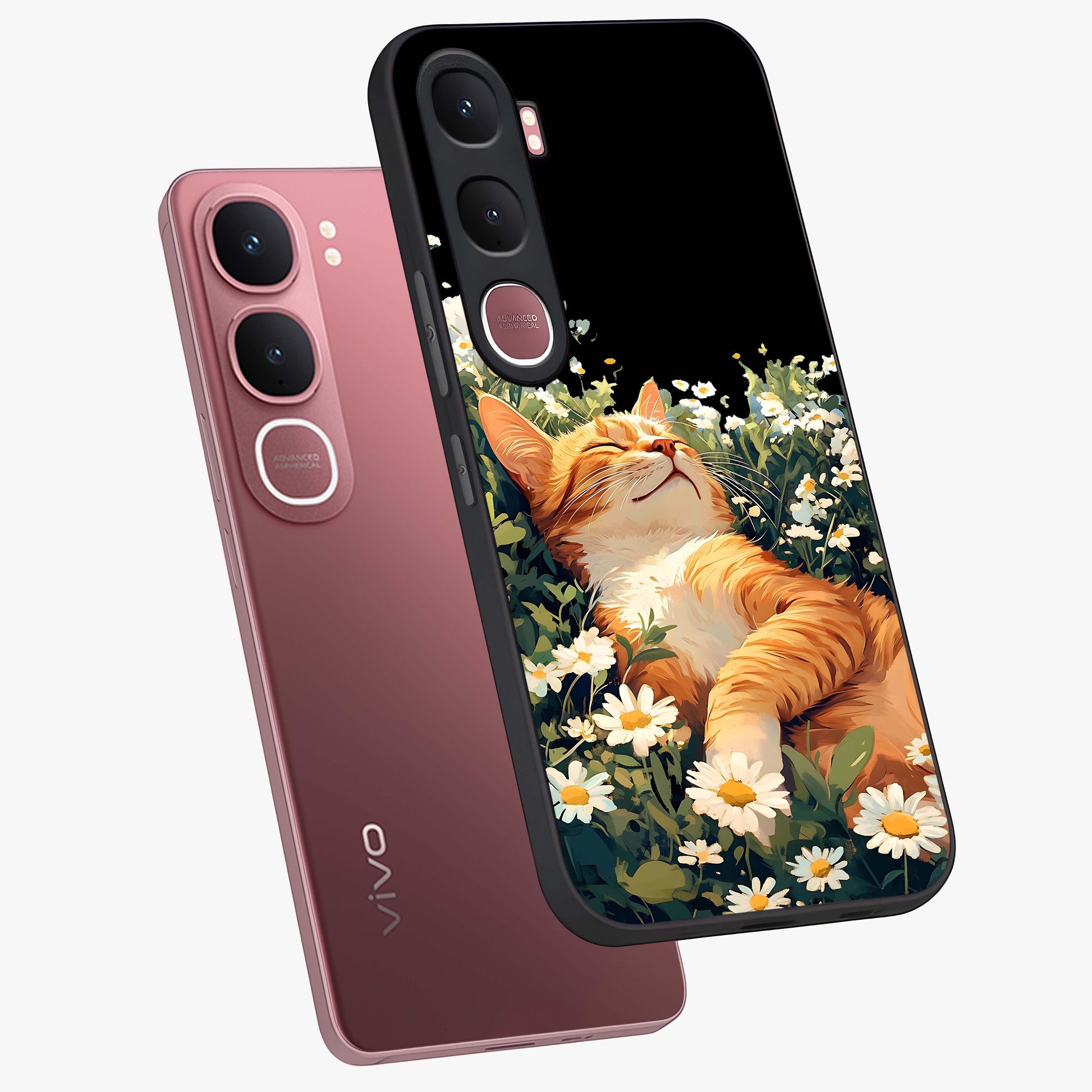 Blissful Bloom Cat Glass Case displayed in angled mockup highlighting playful feline illustration with soft floral aesthetic.