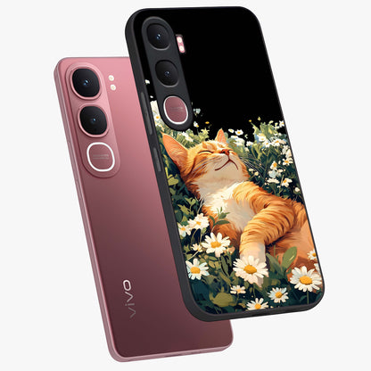 Blissful Bloom Cat Glass Case displayed in angled mockup highlighting playful feline illustration with soft floral aesthetic.