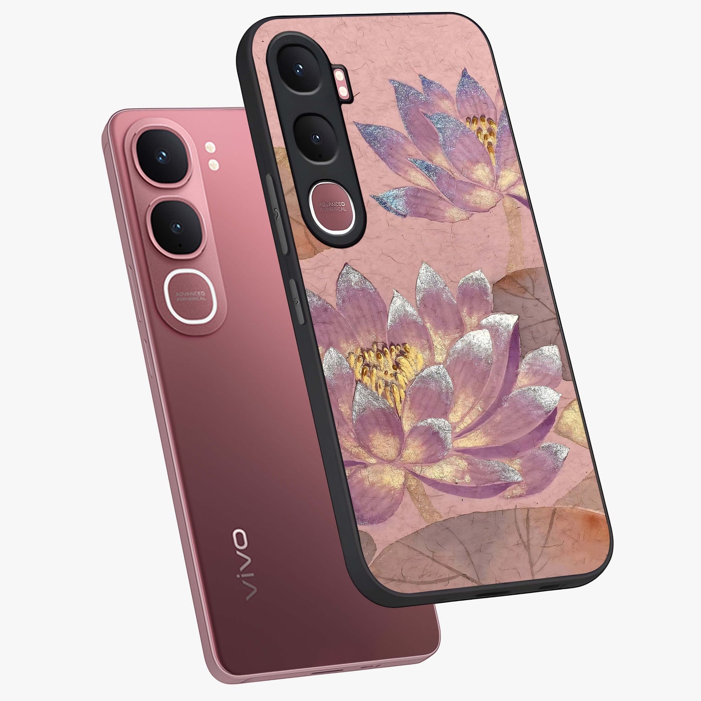 Blossom Mist Lotus Glass Case displayed in angled mockup highlighting delicate lotus illustration with calm aesthetic theme.