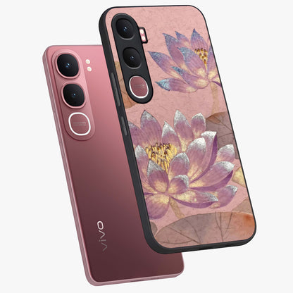 Blossom Mist Lotus Glass Case displayed in angled mockup highlighting delicate lotus illustration with calm aesthetic theme.