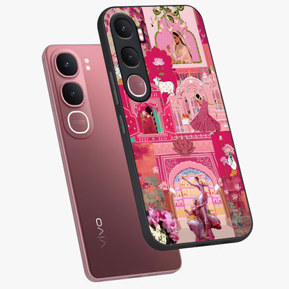 Blossoms of Rajasthan Glass Case displayed in angled mockup highlighting vibrant floral pattern with cultural aesthetic style.