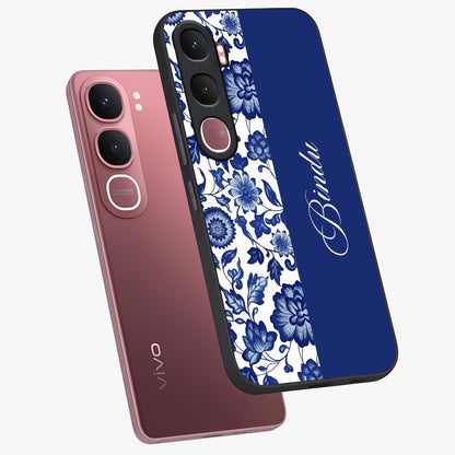 Blue Vintage Floral Pattern Glass Case displayed in angled mockup highlighting subtle bloom pattern with aesthetic pastel design.