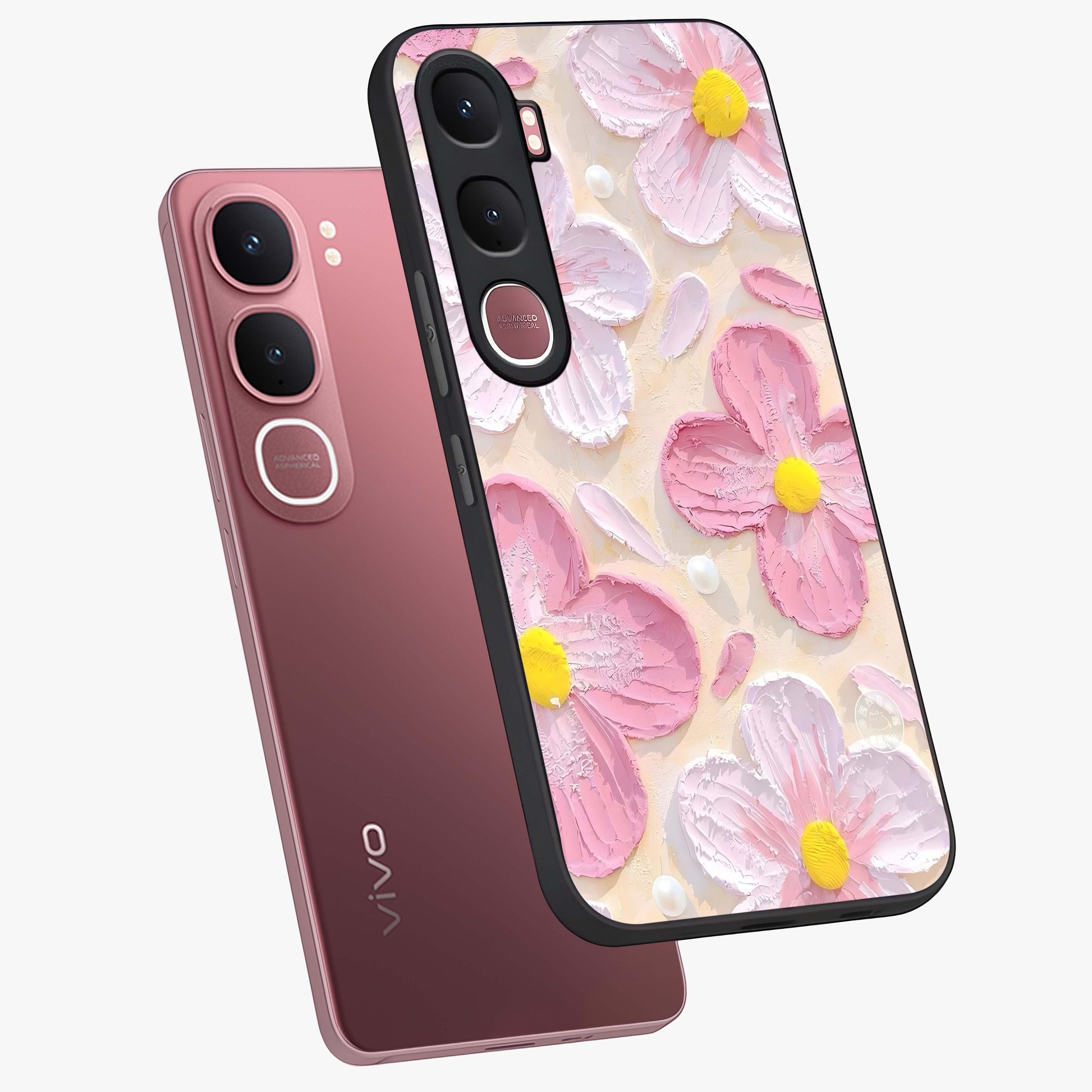 Blush Bloom Texture Glass Case displayed in angled mockup highlighting subtle bloom pattern with aesthetic pastel design.