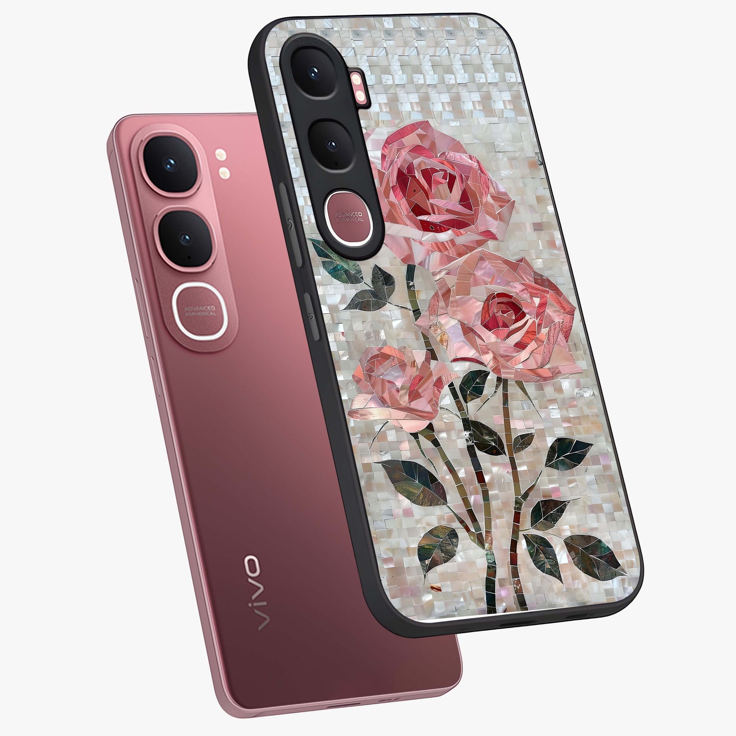 Blush Mosaic Bloom Glass Case displayed in angled mockup highlighting artistic mosaic flower pattern with aesthetic design.