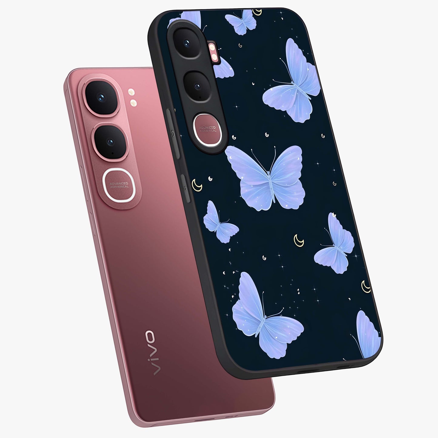 Butterfly With Stars Pattern Glass Case displayed in angled mockup highlighting dreamy butterfly and star design with aesthetic theme.
