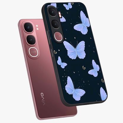 Butterfly With Stars Pattern Glass Case displayed in angled mockup highlighting dreamy butterfly and star design with aesthetic theme.