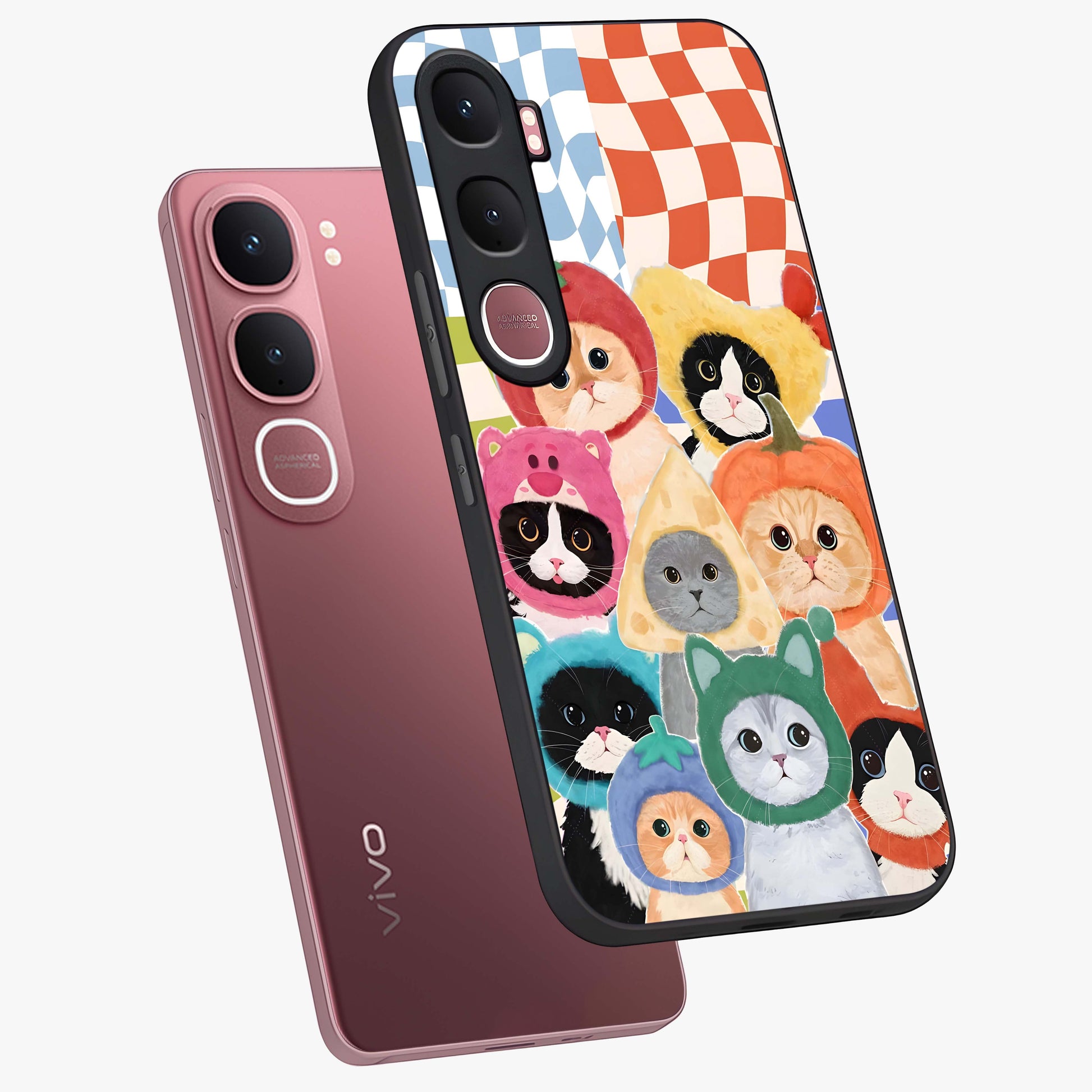 Cats in Fruits Glass Case displayed in angled mockup highlighting cute feline fruit design with colorful aesthetic style.