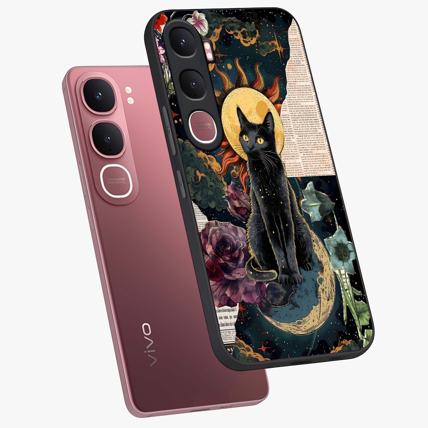 Celestial Black Cat Glass Case displayed in angled mockup highlighting cosmic black cat design with celestial aesthetic.